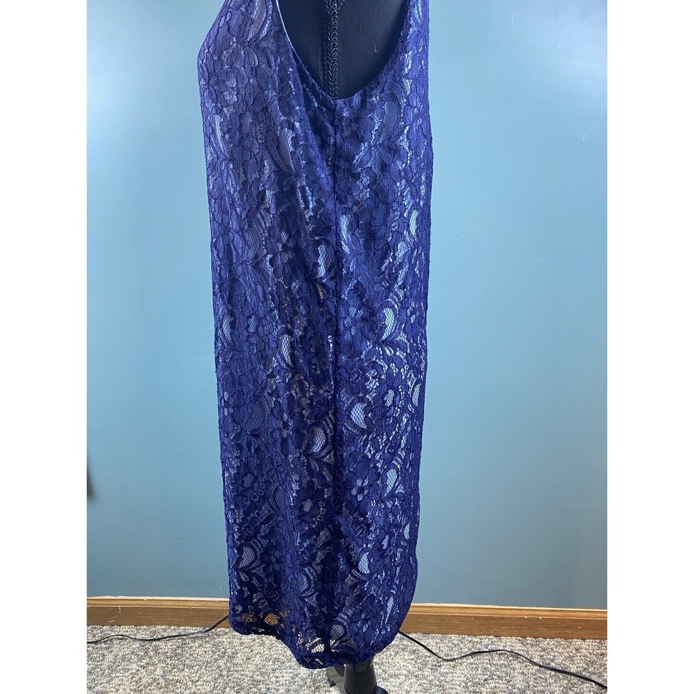 Navy‎ Blue Floral Lace Sleeveless Shift Dress Round Neck Midi Elegant Cocktail - Picture 6 of 16
